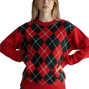 Braemar Westaway Red Green Argyle Wool Sweater Made in Scotland Women’s Small
